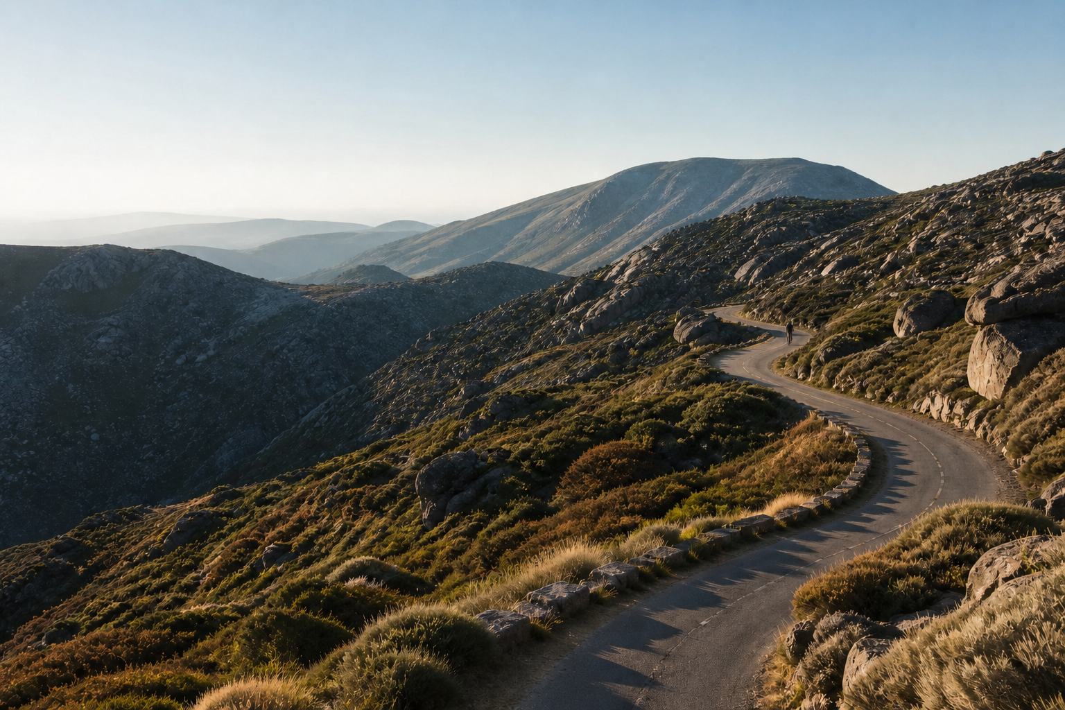 Ciclista solitário numa estrada de montanha na Serra da Estrela, Portugal